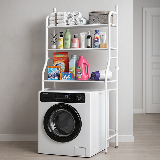 Mueble Organizador Blanco para Lavadora con Estantes Metálicos - 155x65x25 cm