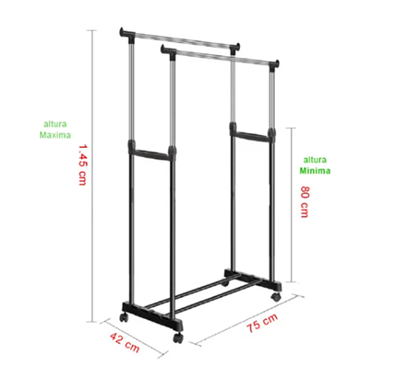 Closet organizador y tendedero doble de acero inoxidable con ruedas, 145x75x42 cm, para ropa - Dimensiones
