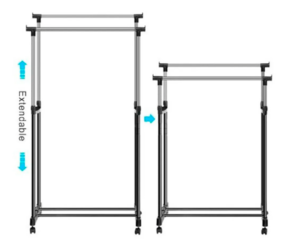 Closet organizador y tendedero doble de acero inoxidable con ruedas, 145x75x42 cm, para ropa- Extendible