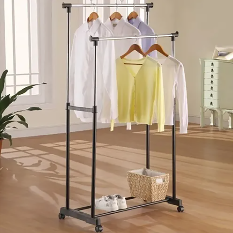 Closet organizador y tendedero doble de acero inoxidable con ruedas, 145x75x42 cm, para ropa, camisas y zapatos