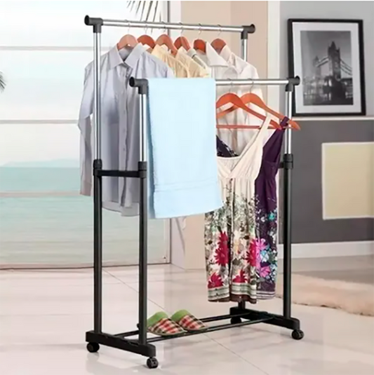 Closet organizador y tendedero doble de acero inoxidable con ruedas, 145x75x42 cm, para ropa