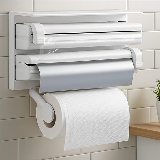 Organizador de Papel de Cocina Multifuncional con Dispensador y Montaje Adhesivo