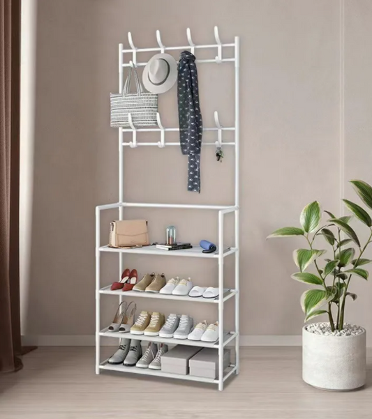Perchero rack organizador multifuncional de pie, color negro o blanco, medidas 60x30x154 cm, ideal para ropa y accesorios.