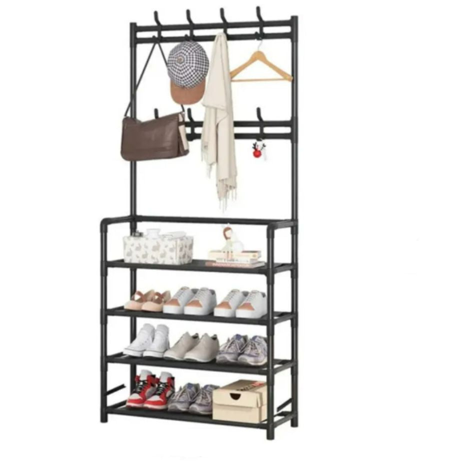 Perchero rack organizador multifuncional de pie, color negro o blanco, medidas 60x30x154 cm, ideal para ropa y accesorios.