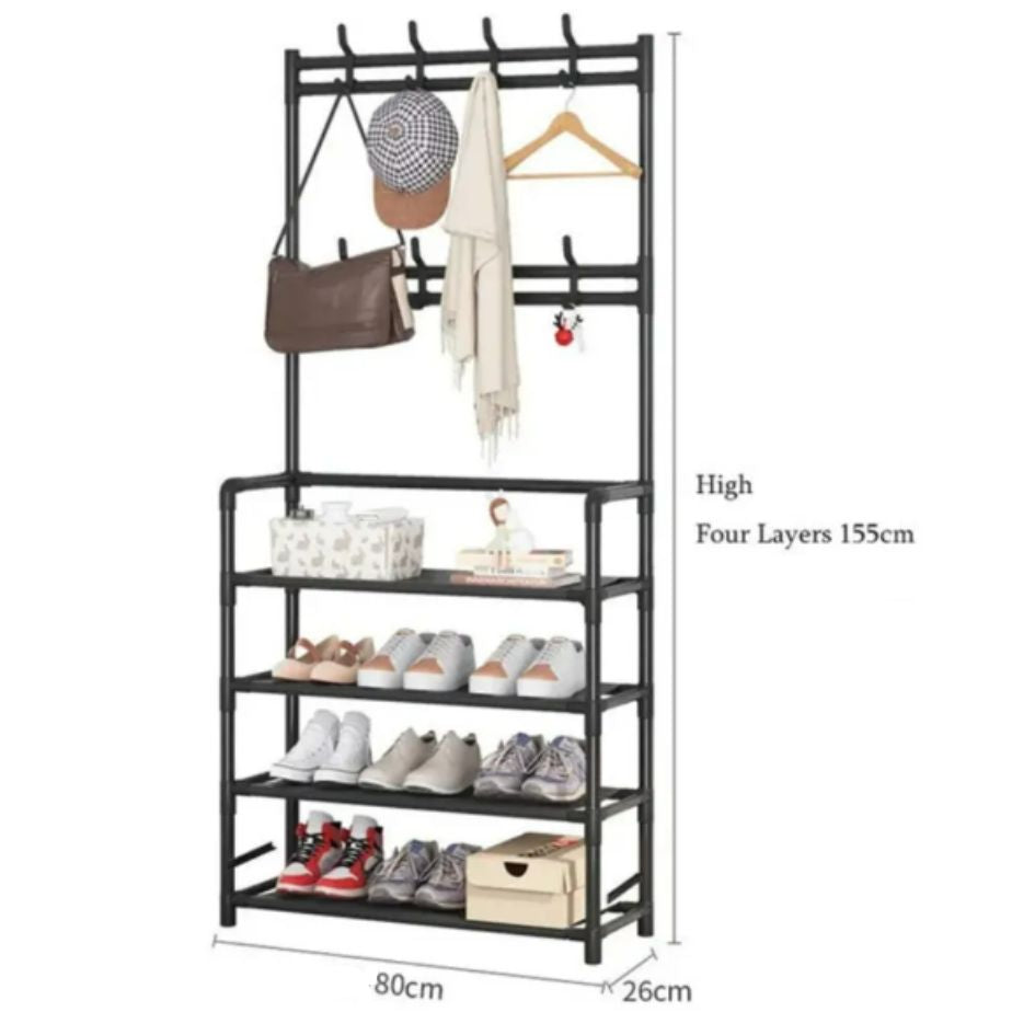 Perchero organizador de pie color negro con cuatro estantes zapatos y barra para colgar ropa, modelo de 80 cm de ancho