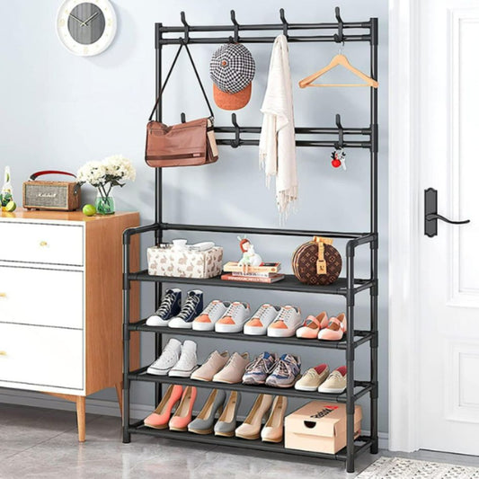 Perchero organizador de pie color negro con cuatro estantes y barra para colgar ropa, modelo de 80 cm de ancho