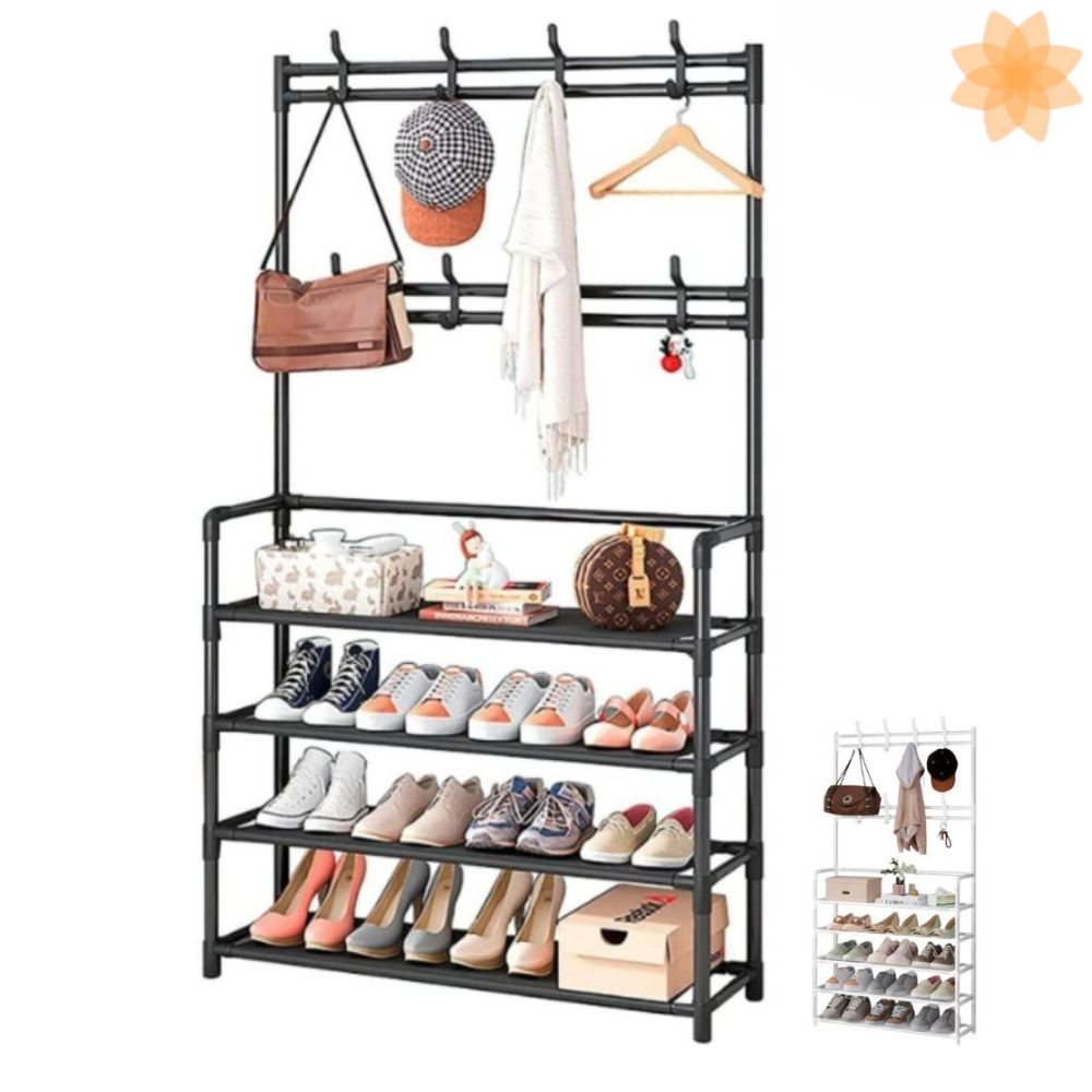 Perchero organizador de pie color negro con cuatro estantes y barra para colgar ropa, modelo de 80 cm de ancho 1